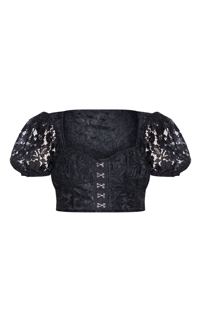 Black Lace Puff Sleeve Crop Top