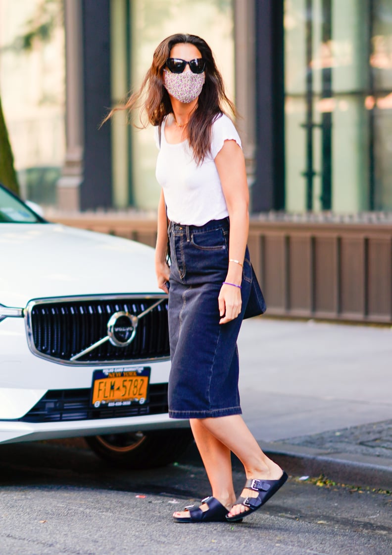 Katie Holmes Wears a Denim Skirt and Birkenstock Sandals