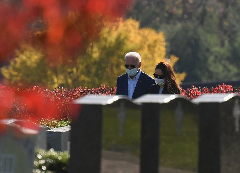 President-elect Joe Biden and his daughter Ashley Biden leave after visiting their family grave site at St. Joseph on the Brandywine Roman Catholic Church in Wilmington, Delaware on November 8, 2020. - Media outlets worldwide hailed Joe Biden's defeat of 