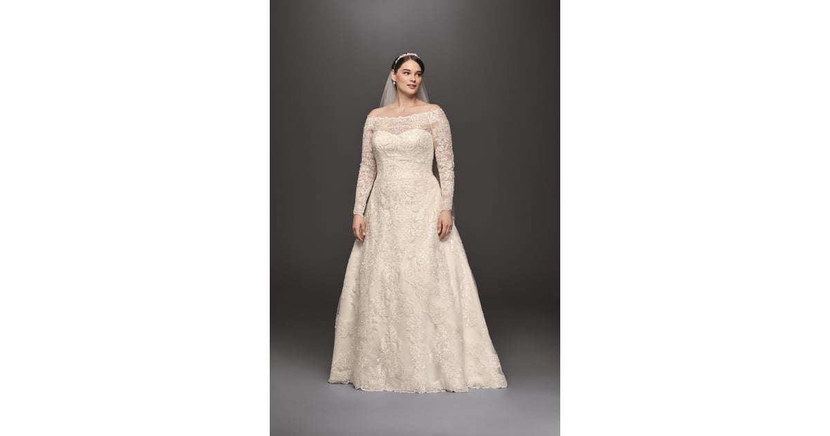 Oleg Cassinis Off The Shoulder Gown For Davids Bridal Plus Size Wedding Dresses Popsugar 