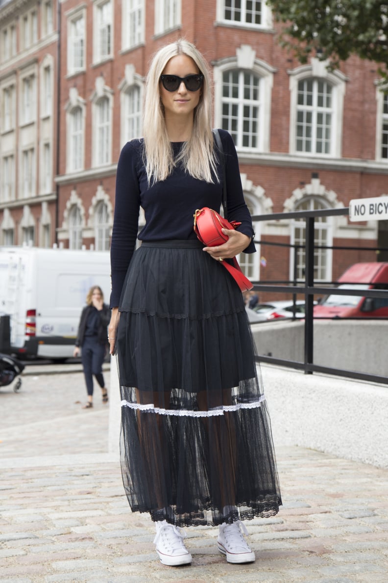 With a Long-Sleeved Black T-Shirt and a Tulle Maxi Skirt