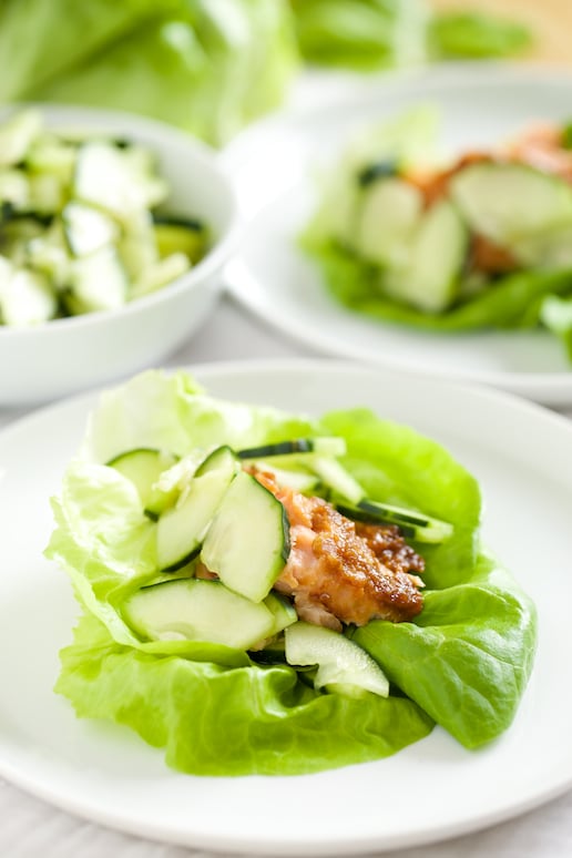 Miso Salmon Lettuce Wraps With Wasabi Cucumbers