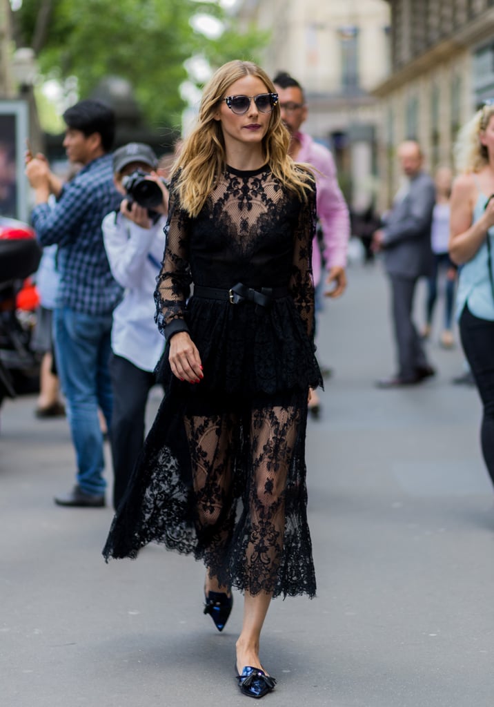 Olivia belted her sheer Elie Saab dress and completed the look with pointy flats during Couture Week in Paris in 2016.