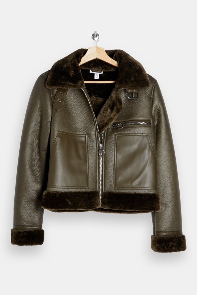 Olive Faux-Shearling Biker Jacket