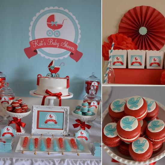 A Red and Aqua Baby Carriage Shower