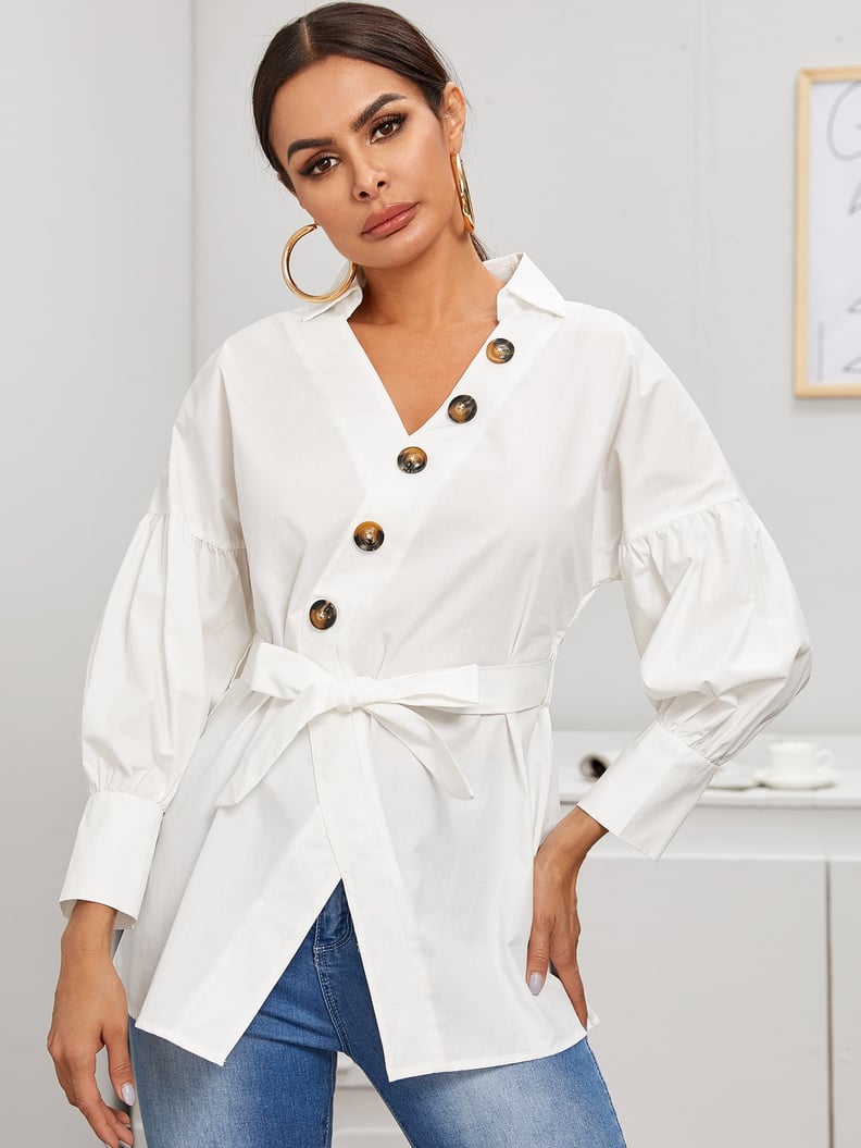 SHEIN Plus Puff Sleeve Belted High Low Floral Longline Blouse