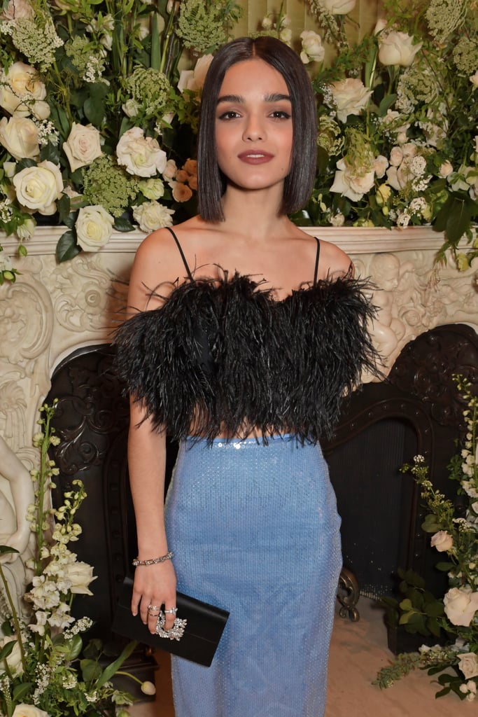 Rachel Zegler's David Koma Feather Crop Top and Sequin Skirt