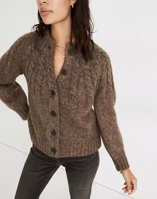 A Timeless Cardigan: Harwood Cableknit Mockneck Cardigan Sweater