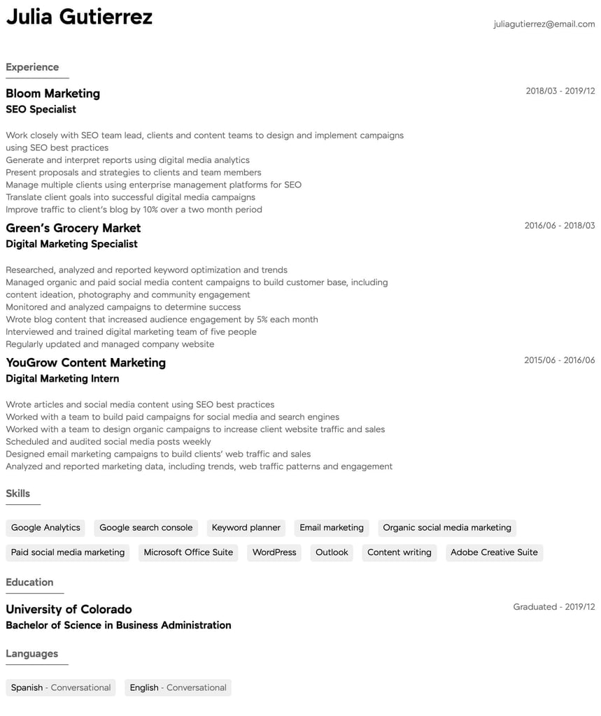 Digital Marketing Résumé Intermediate