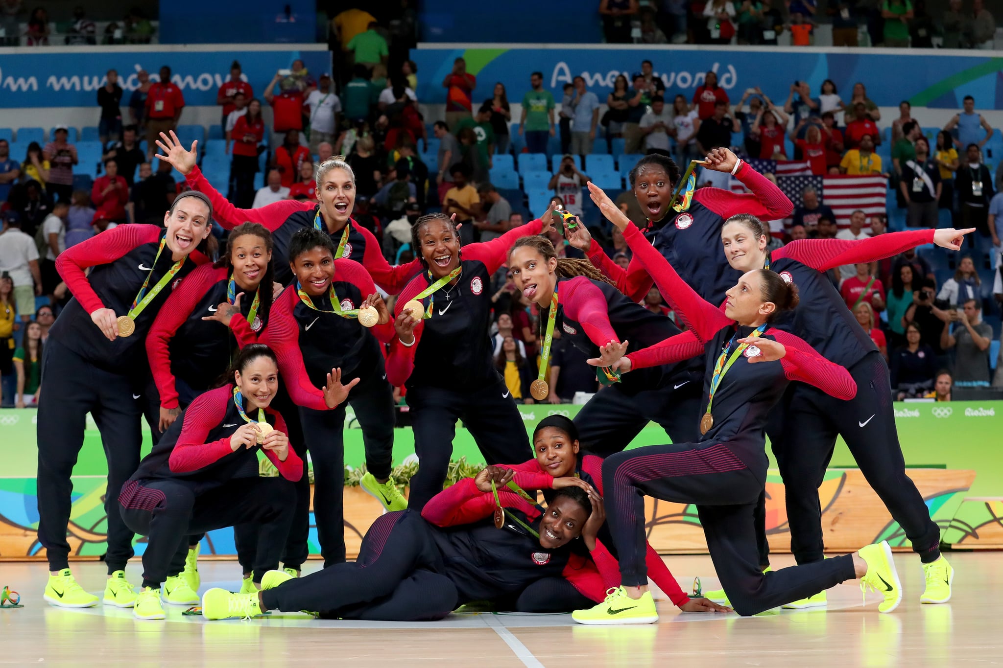 RIO DE JANEIRO, BRAZIL - AUGUST 20:  Gold medalists Team USA celebrate during the medal ceremony after the Women's Basketball competition on Day 15 of the Rio 2016 Olympic Games at Carioca Arena 1 on August 20, 2016 in Rio de Janeiro, Brazil.  (Photo by Tom Pennington/Getty Images)