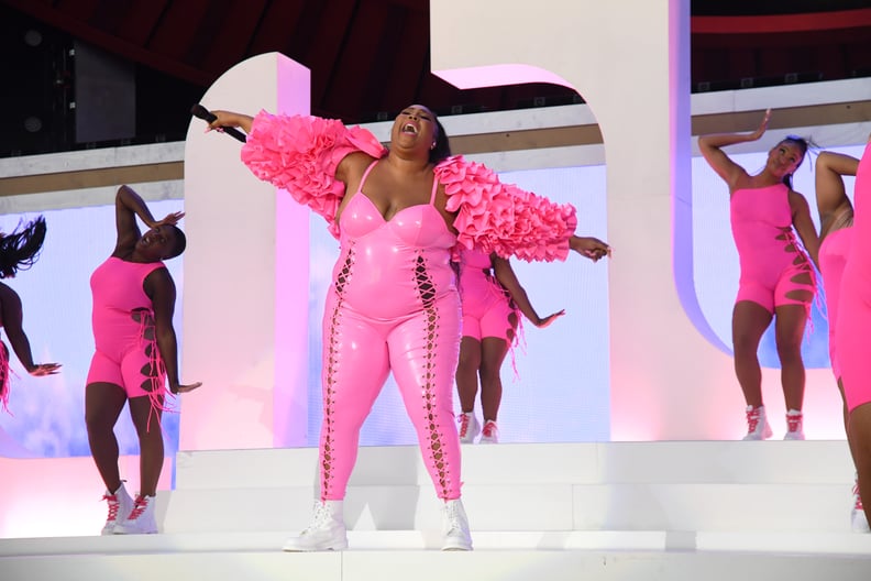 Lizzo Wears Stunning Sparkling Barbie Pink Catsuit at Kia Forum