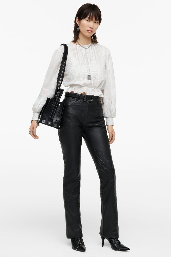 A Leather and Lace Look: Zara Leather Pants, Embroidered Top, and Studded Leather Bucket Bag