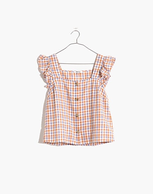 Gingham Seersucker Ruffle-Strap Button-Up Tank Top