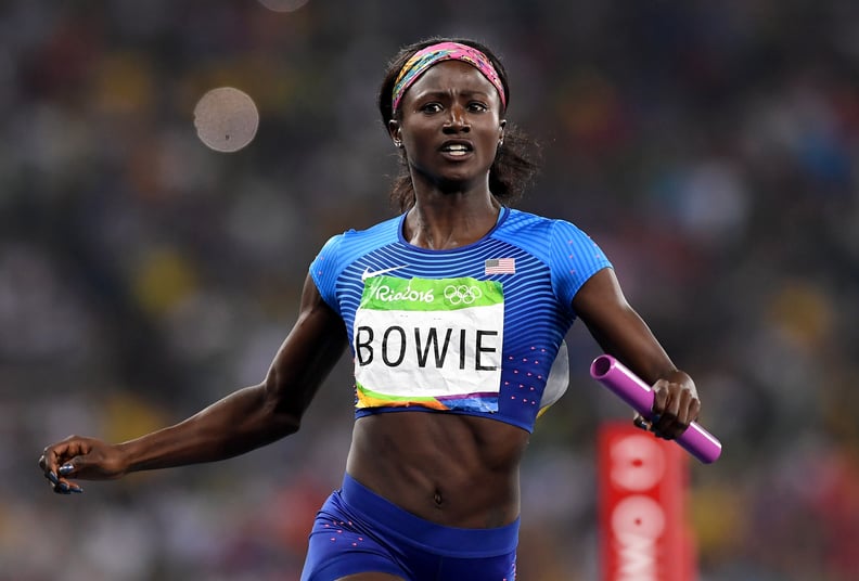 Tori Bowie of the United States reacts after crossing the finishline to win the Women's 4 x 100m Relay Final on Day 14 of the Rio 2016 Olympic Games at the Olympic Stadium on August 19, 2016 in Rio de Janeiro, Brazil.  (Photo by Quinn Rooney/Getty Images)