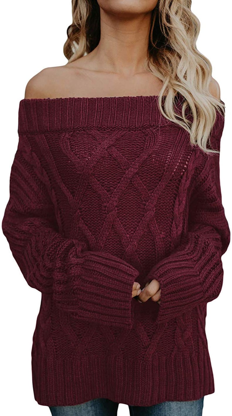 Astylish Knitted Off-the-Shoulder Oversized Sweater in Burgundy