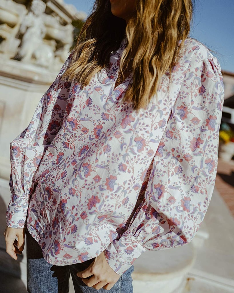 The Drop Women's Ivory Floral Print Ruffled V-Neck Balloon Sleeve Loose-Fit