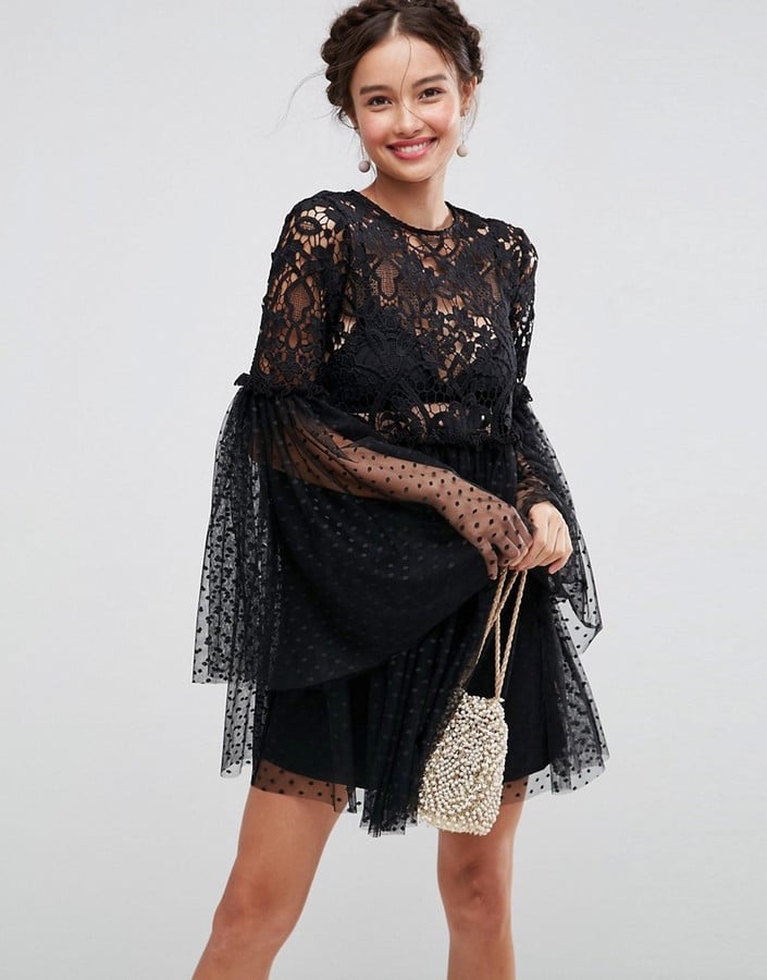 ASOS Lace and Dobby Mesh Fluted Sleeve Mini Smock Dress
