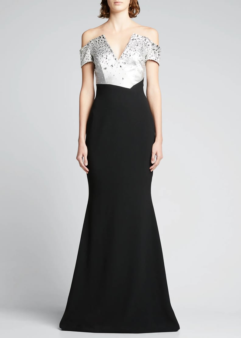 For the Off-Shoulder Bride: Pamella Roland Mixed-Media Embellished Off-the-Shoulder Gown