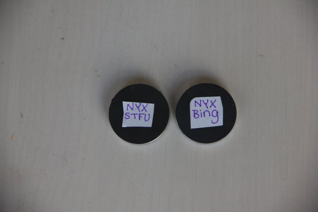 Place the label you created earlier (with the name and brand of the shadow) on the back of the magnet.