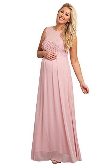 PinkBlush Maternity Mesh Neckline Ruched Bust Evening Gown