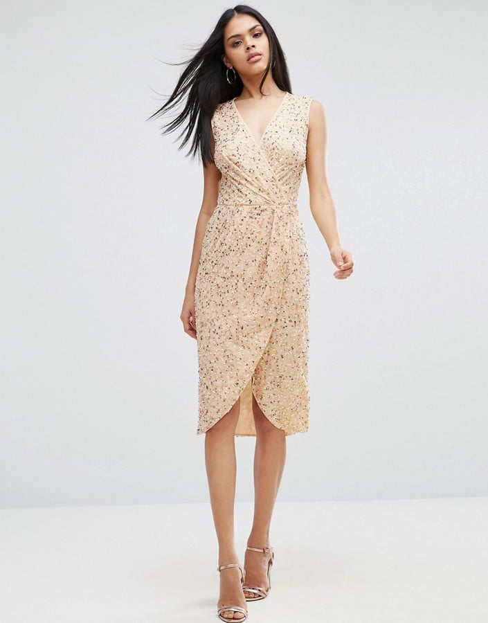 ASOS Twist Front Mesh Sequin Midi Dress