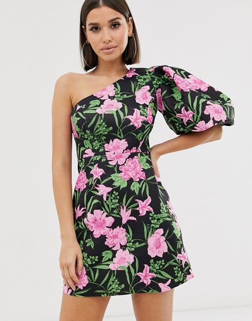 ASOS DESIGN One-Shoulder Puff-Sleeve Floral Mini Skater