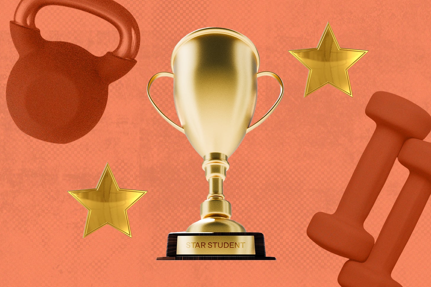 Pink kettlebell and dumbbell collaged with a start student trophy.