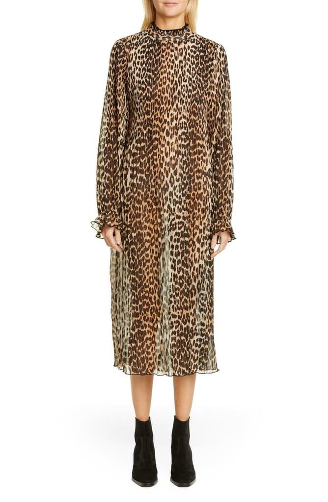Ganni Leopard-Print Sheer Georgette Long-Sleeve Midi Dress