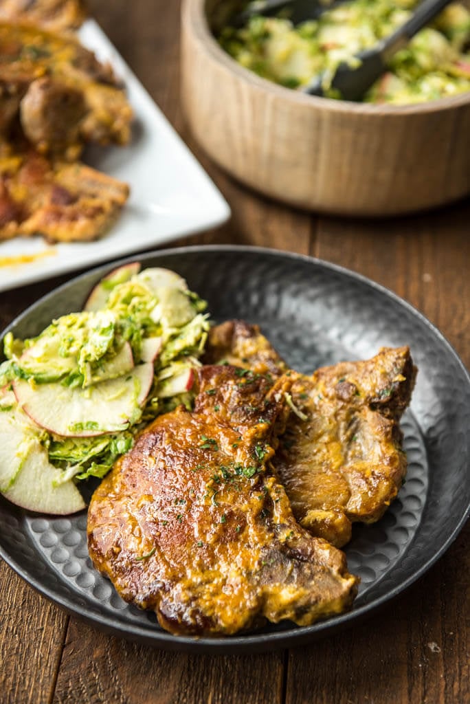 Slow-Cooker Honey Mustard Pork Chops With Brussels Sprouts Salad