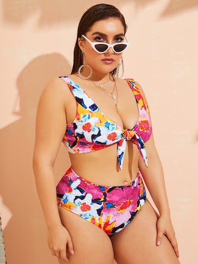 Shein Plus Floral Knot Top With High Waist Bikini