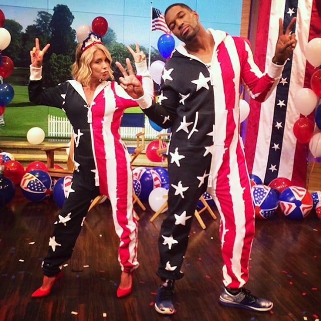 Kelly Ripa and Michael Strahan wore patriotic onesies while filming their morning talk show.
Source: Instagram user kellyandmichael