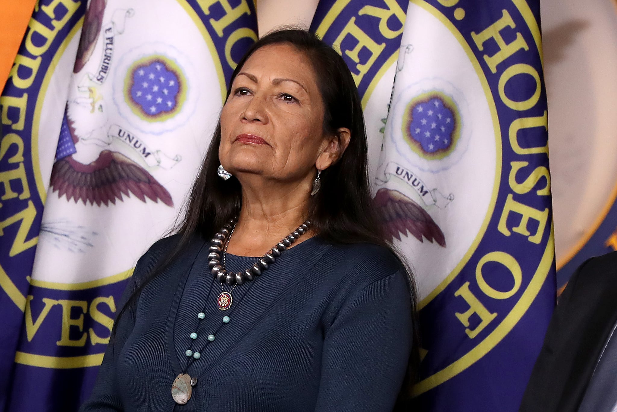 WASHINGTON, DC - SEPTEMBER 27: Rep. Deb Haaland (D-NM) joins fellow House Democrats for a news conference to mark 200 days since they passed H.R. 1, the For the People Act, at the U.S. Capitol September 27, 2019 in Washington, DC. Following the release of a whistle-blower complaint about abuse of power, the House Democratic leadership announced this week that it is launching a formal impeachment inquiry against President Donald Trump. (Photo by Chip Somodevilla/Getty Images)