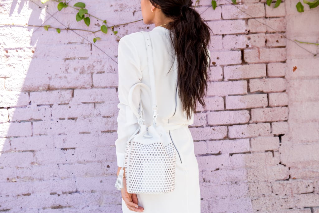 7. "Understated is always a good way to go with a look."
8. "You want to be careful to not go with too many light colors all at one time. I know there's a trend this Summer that's head-to-toe white, and that can be really fabulous if you can pull it off. If white washes you out, then go to tan. You can even do tan with some accents of black if you're afraid of tan with white, and the black will just accentuate the tan. Those are great for the Summer as well."
9. "I always think any sort of neutrals are nice."
Products: Alice + Olivia by Stacey Bendet dress, Loeffler Randall bag, Mirlo bracelet, Jules Smith ring, ADORNIA ring, Mirlo ring