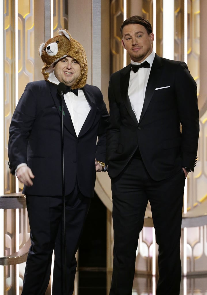 Jonah Hill and Channing Tatum presented together at the 2016 Golden Globes. Jonah dressed up as the bear from The Revenant . . . obviously.