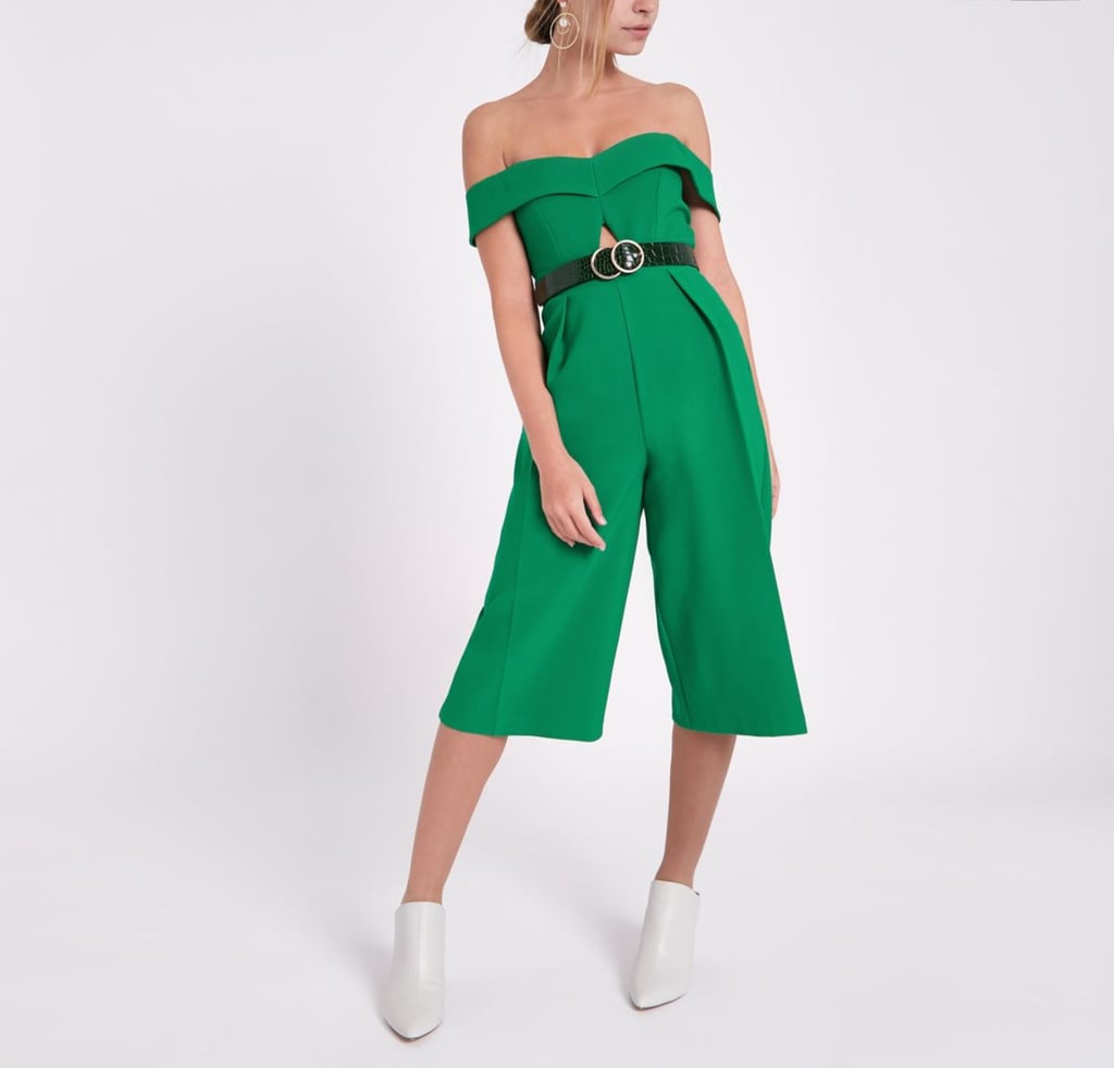 River Island Petite Green Bardot Cut Out Culotte Jumpsuit