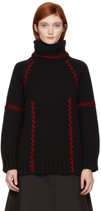 Alexander McQueen Black and Red Embroidered Cashmere Turtleneck