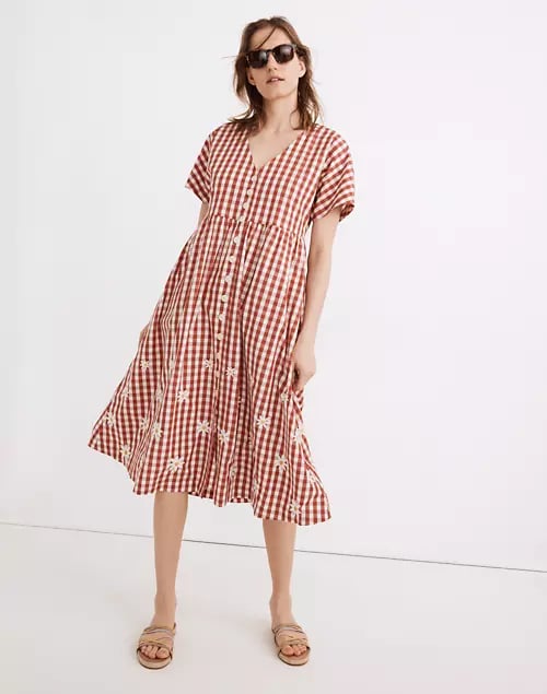 Daisy Embroidered Gingham Button-Front Midi Dress