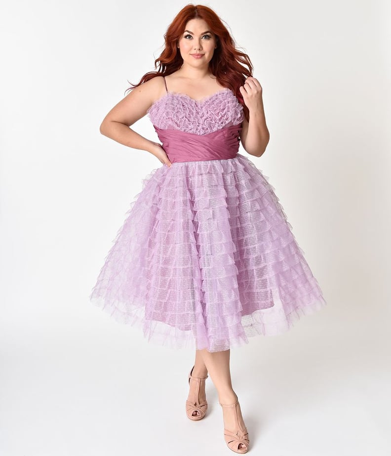 Unique Vintage Curve 1950s Lavender Ruffled Tulle Sweetheart Cupcake Swing Dress