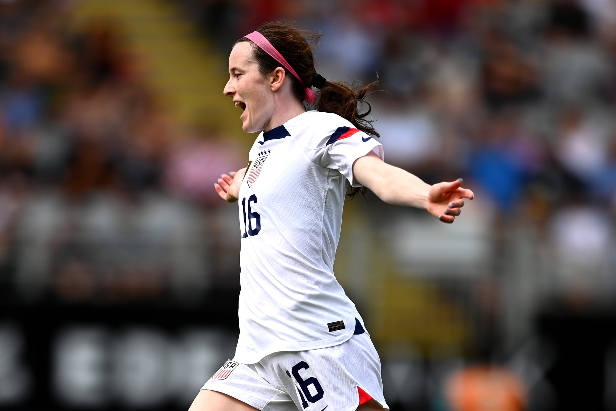 AUCKLAND, NEW ZEALAND - JANUARY 21: Rose Lavelle of USA celebrates after scoring a goal during the womens International Friendly match between New Zealand Football Ferns and United States at Eden Park on January 21, 2023 in Auckland, New Zealand. (Photo by Hannah Peters/Getty Images)