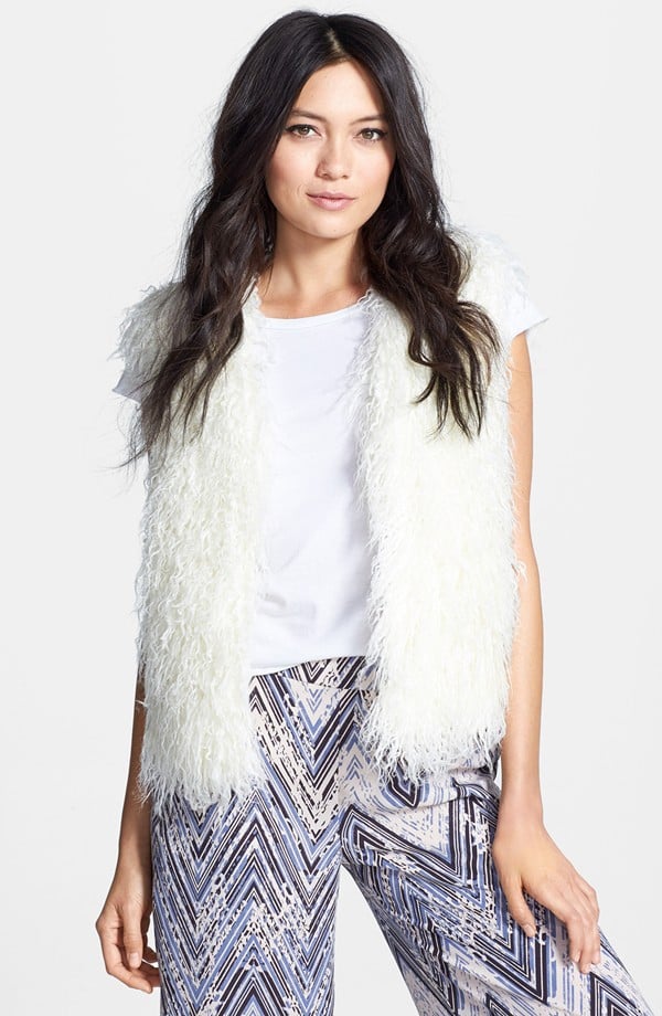 white faux fur vest outfit