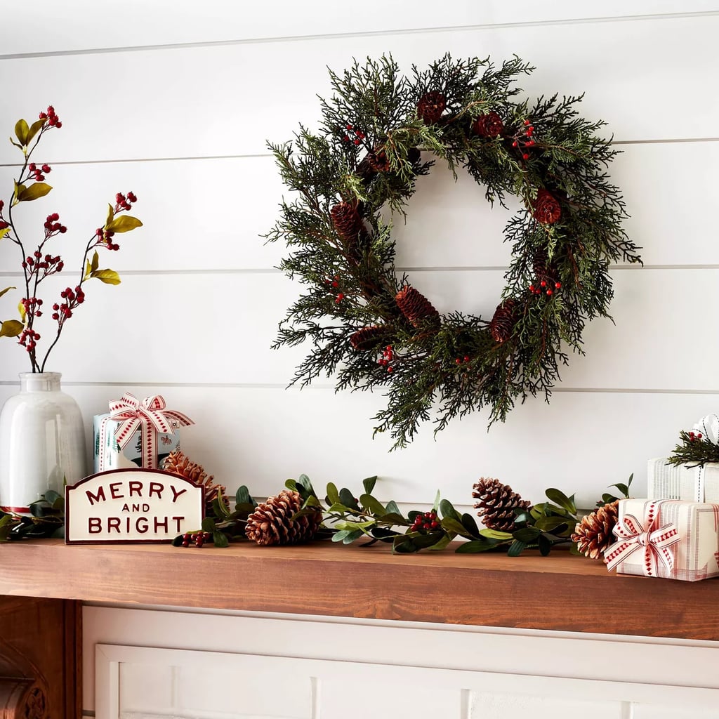 Faux Cedar Wreath With Red Berries and Pinecones