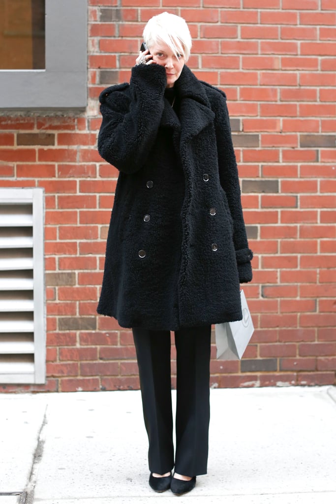 Kate Lanphear went all black and kept it classic with staple favorites like a double-breasted wool coat and pointed-toe pumps.
Kate Lanphear went all black and kept it classic with staple favorites like a double-breasted wool coat and pointed-toe pumps.