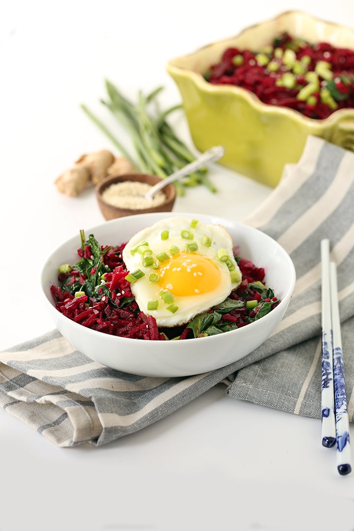 Crunchy Miso Beet Rice With Spinach and Fried Egg