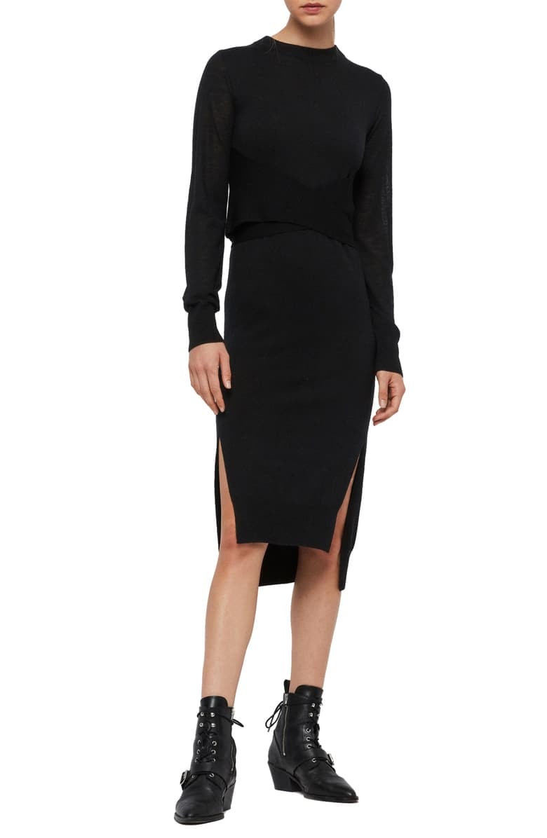 AllSaints Flora Side Slit Long Sleeve Merino Wool Sweater Dress