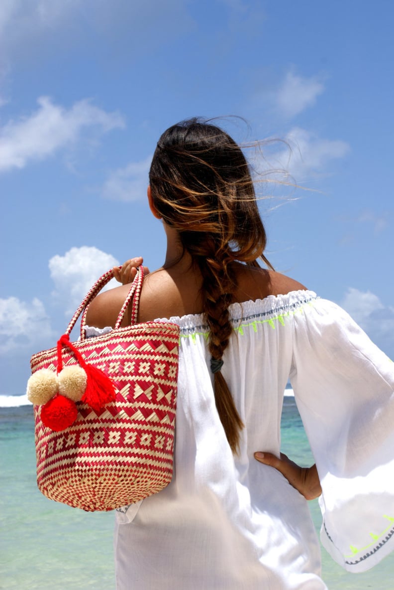 Wicker beach bag sale with pom pom