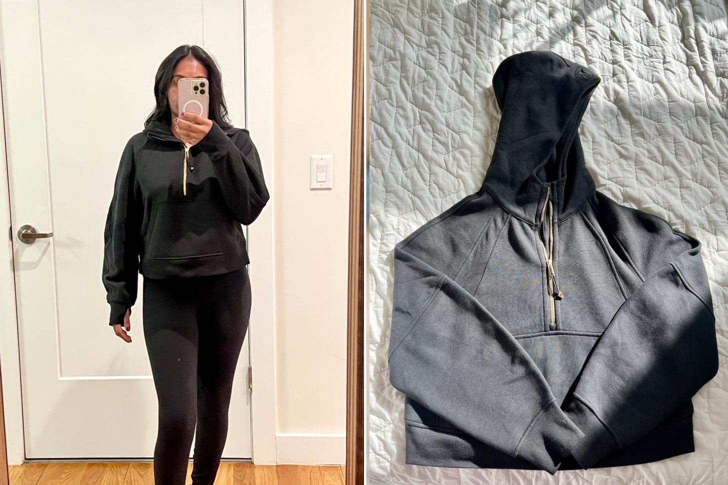 Woman wearing the Lululemon Scuba Oversized Half-Zip Hoodie and the Lululemon Scuba Oversized Half-Zip Hoodie on bed.