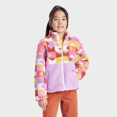 Cat & Jack Girls' Printed Zip-Up Sherpa Jacket