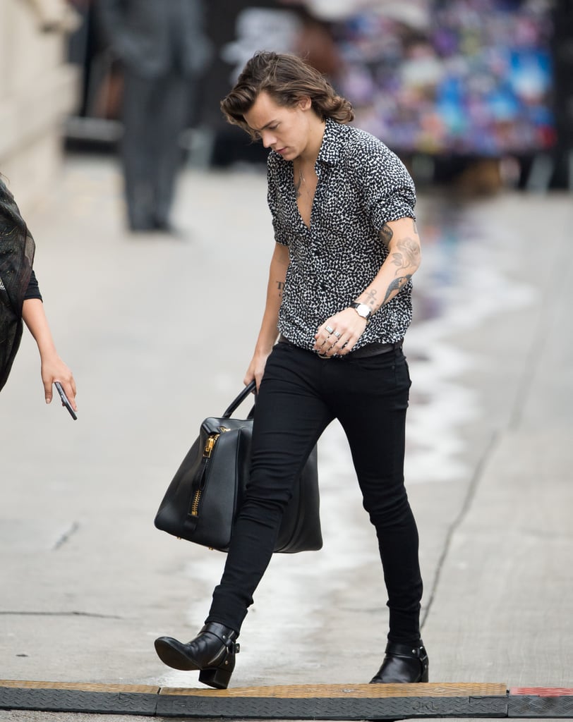 Styling a button-down and skinny jeans with Saint Laurent Wyatt boots in 2014.