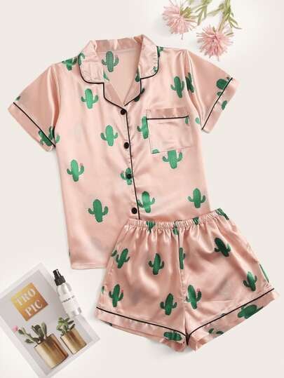 Romwe Cactus Print Satin Pajama Set