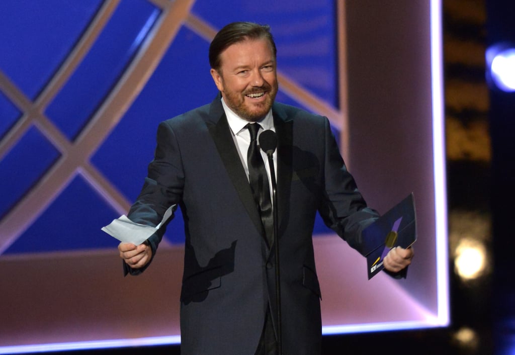 "Haha, I won. I knew I would because I am the best actor. Parsons, Cheadle, H. Macy, Joey from Friends, and Louis from Louie spelled slightly differently. Look at their stupid faces." — Ricky Gervais, reading from his never-given acceptance speech